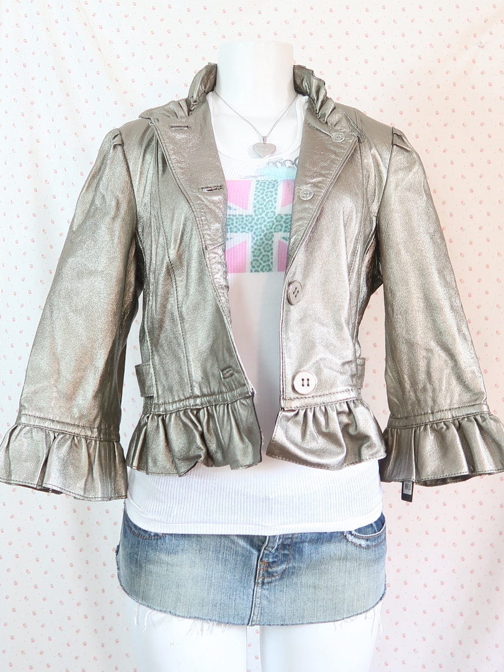 Guess Metallic Silver leather Ruffle Hem Blazer